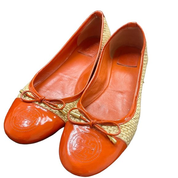 Tory Burch Flats, orange leather & woven rattan, Size 10 - Picture 3 of 6